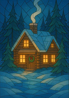 Winter Cabin in Snowy Forest