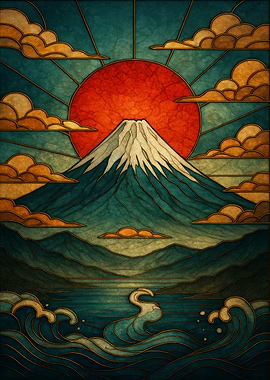 Mount Fuji Stained Glass Landscape