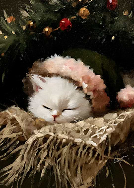 Sleeping Cat in Santa Hat Painting