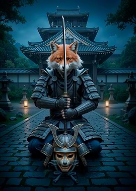 Fox Samurai Warrior in Japanese Garden