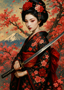 Geisha with Katana and Cherry Blossoms