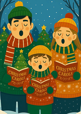 Family Christmas Carolling in Winter Scene