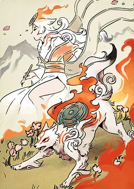 Okami Amaterasu and Issun Illustration