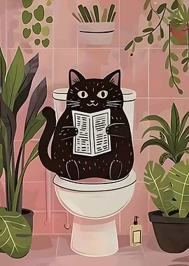 Cat Reading Newspaper on Toilet