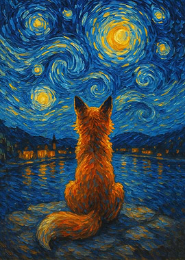 Whimsical fox gazing at starry night by lake in painterly Van Gogh inspired design