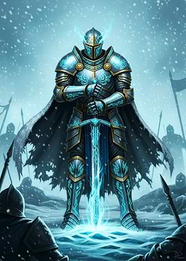 Glowing Knight in Snowy Battlefield