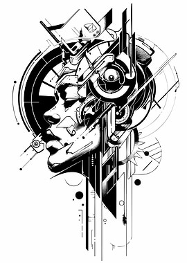 Cyberpunk Woman Portrait Black and White