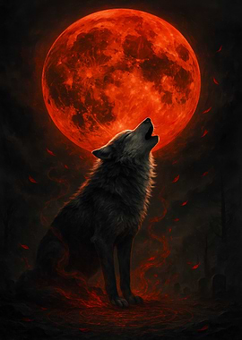 Wolf Howling at Blood Moon