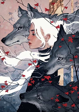 Woman with Wolves and Autumn Leaves