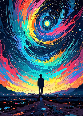 Colorful Cosmic Dreamscape with Silhouette