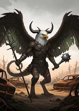 Eagle-headed horned warrior wasteland
