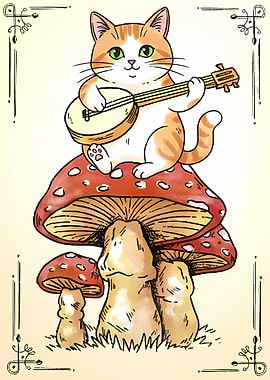 Cat playing banjo on mushroom