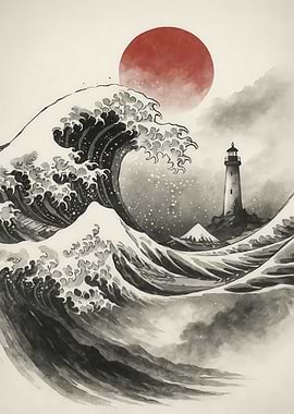 Great Wave Lighthouse Red Sun Art