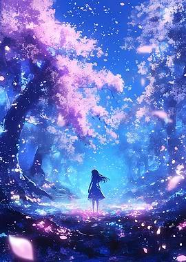 Japanese Anime Girl in a Blossoming Forest