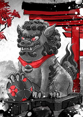 Komainu Statue with Torii Gate