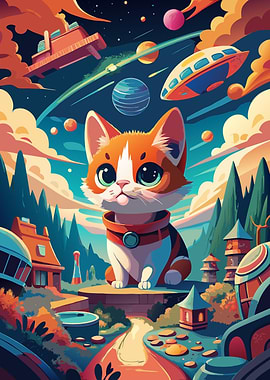 Cartoon Cat in Space Landscape