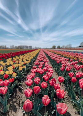 Colorful Tulip Field Under Blue Sky