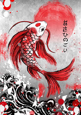 Red Koi Fish with Rising Sun