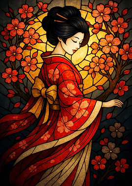 Geisha with Cherry Blossoms Stained Glass