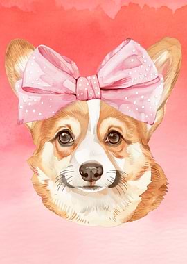 Corgi with Pink Bow Watercolor Portrait