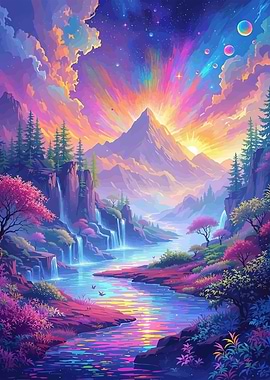 Colorful Mountain Landscape River