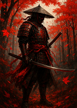 Red Samurai in Autumn Forest