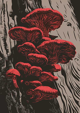 Red Devil Fungi on Tree Trunk Linocut Effect Illustration