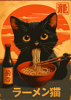 Black Cat Eating Ramen