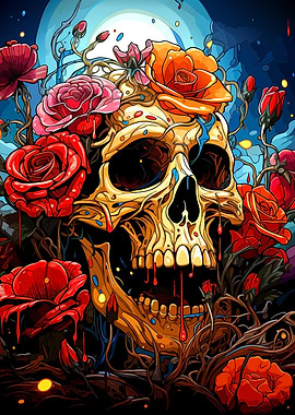 Skull and Roses Watercolor Illustration