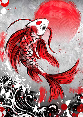 Red Koi Fish with Rising Sun