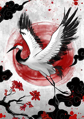 Japanese Crane with Red Sun Digital Art