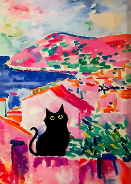 Black Cat in Fauvist Landscape