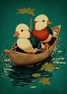Little Mandarin Sailors on a Leaf Boat