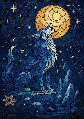 Blue Wolf Howling at the Moon