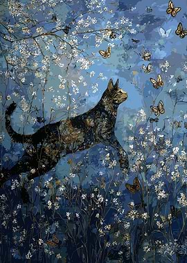 Cat in a Butterfly Garden Painting