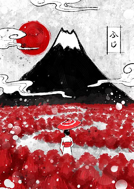Mount Fuji and Red Flowers