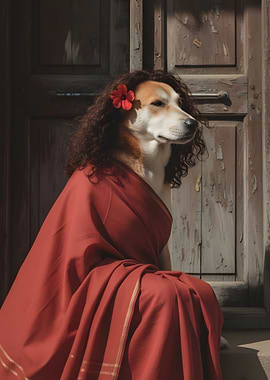 Dog in wig and sari