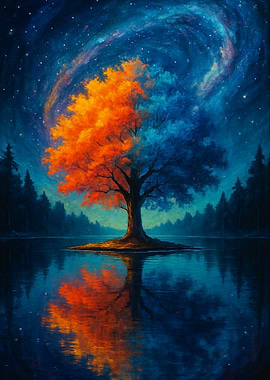 Ethereal Two-Tone Tree | Cosmic Fantasy Landscape Art Painting