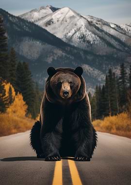 Bear on Road with Mountain