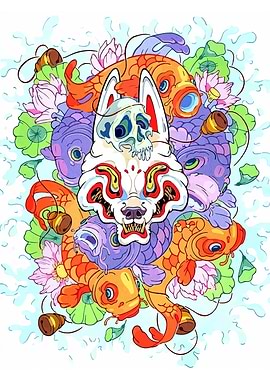 Japanese Fox Mask with Koi Fish