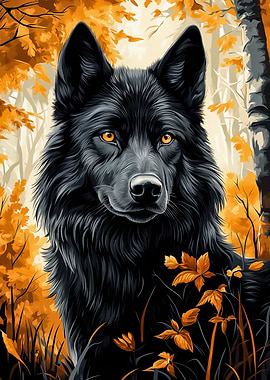 Black Wolf in Autumn Forest