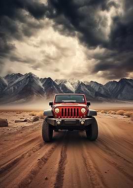 Red Jeep in Mountainous