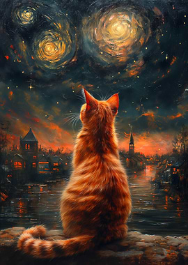 Cat Gazing at Starry Night