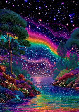 Rainbow River Starry Night Landscape