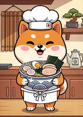 Shiba Inu Chef with Ramen Bowl