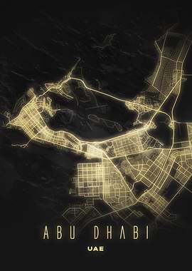 Abu Dhabi - Golden Glow Minimal City Map Print UAE Night Art