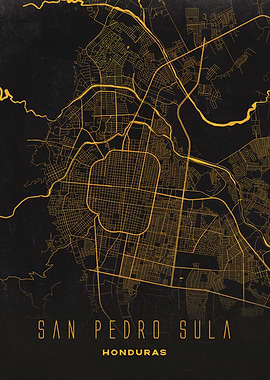 San Pedro Sula, Honduras - Gold and Black City Map
