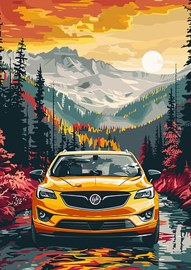 Yellow Car in Mountain Landscape