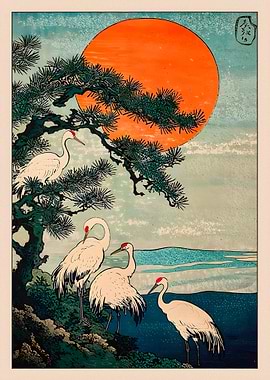 Japanese Cranes and Rising Sun Art