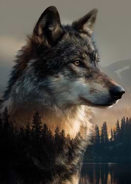 Wolf Portrait with Forest Overlay